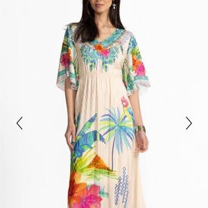 Johnny Was Cream Tami Maxi Dress with Multicolor Tropical Print